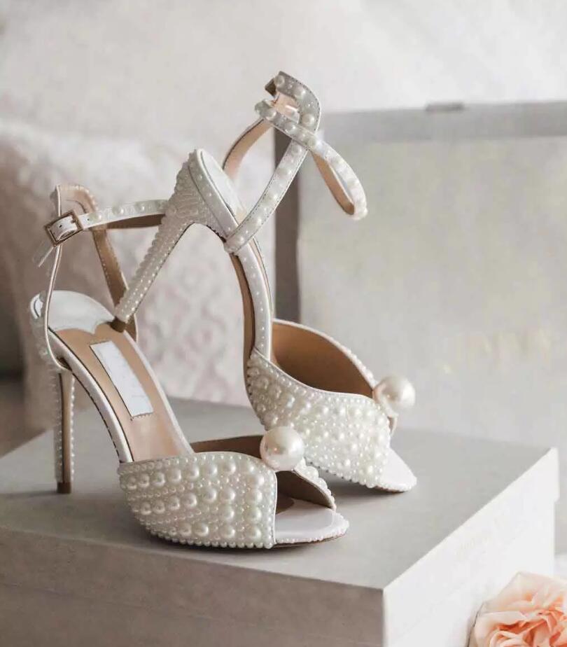 Summer Luxurious Brands Sacora Dress Shoes White Pearls Leather Pumps Lady Stiletto Heel Ankle Strap Bridal Wedding