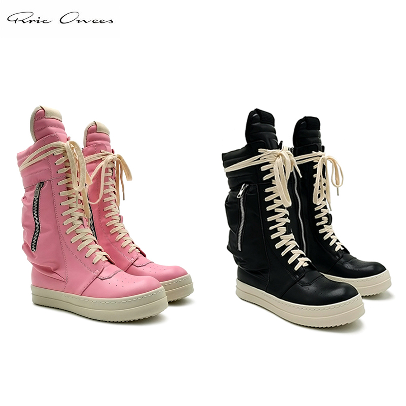 

Rick RO High Top Boots Women Boots Men's Owens Shoes Leather Couple Casual Sneaker Workwear Plus Velvet Pink