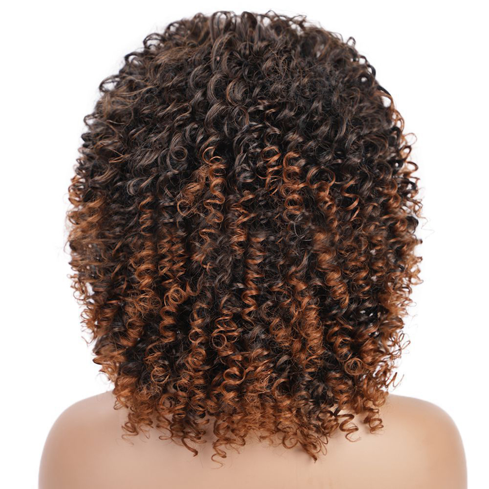 Beautiful Short Curly Synthteic Hair Wigs with Bangs for Black Women Afro Curly wig Brown Ombre Color Wave wig