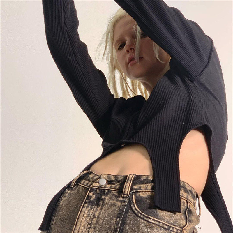 NEONBABIPINK Asymmetrical Zip Up V Neck Long Sleeve Crop Top Knitted Black Brown Cardigan Fall Clothes Sexy T Shirts N33 BI17 220714