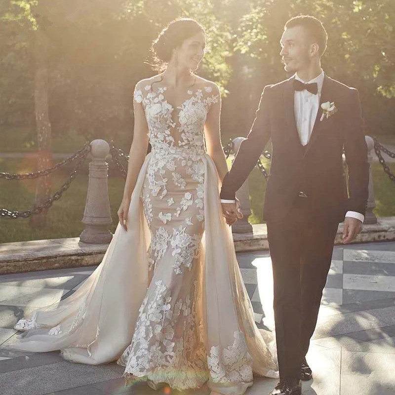 Elegant Detachable Train Lace Mermaid Wedding Dress Sexy Backless Appliques Short Sleeve Champagne Wedding Dresses