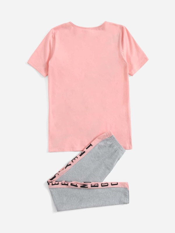 Girls Letter & Panda Print Tee & Letter Tape Side Leggings SHE