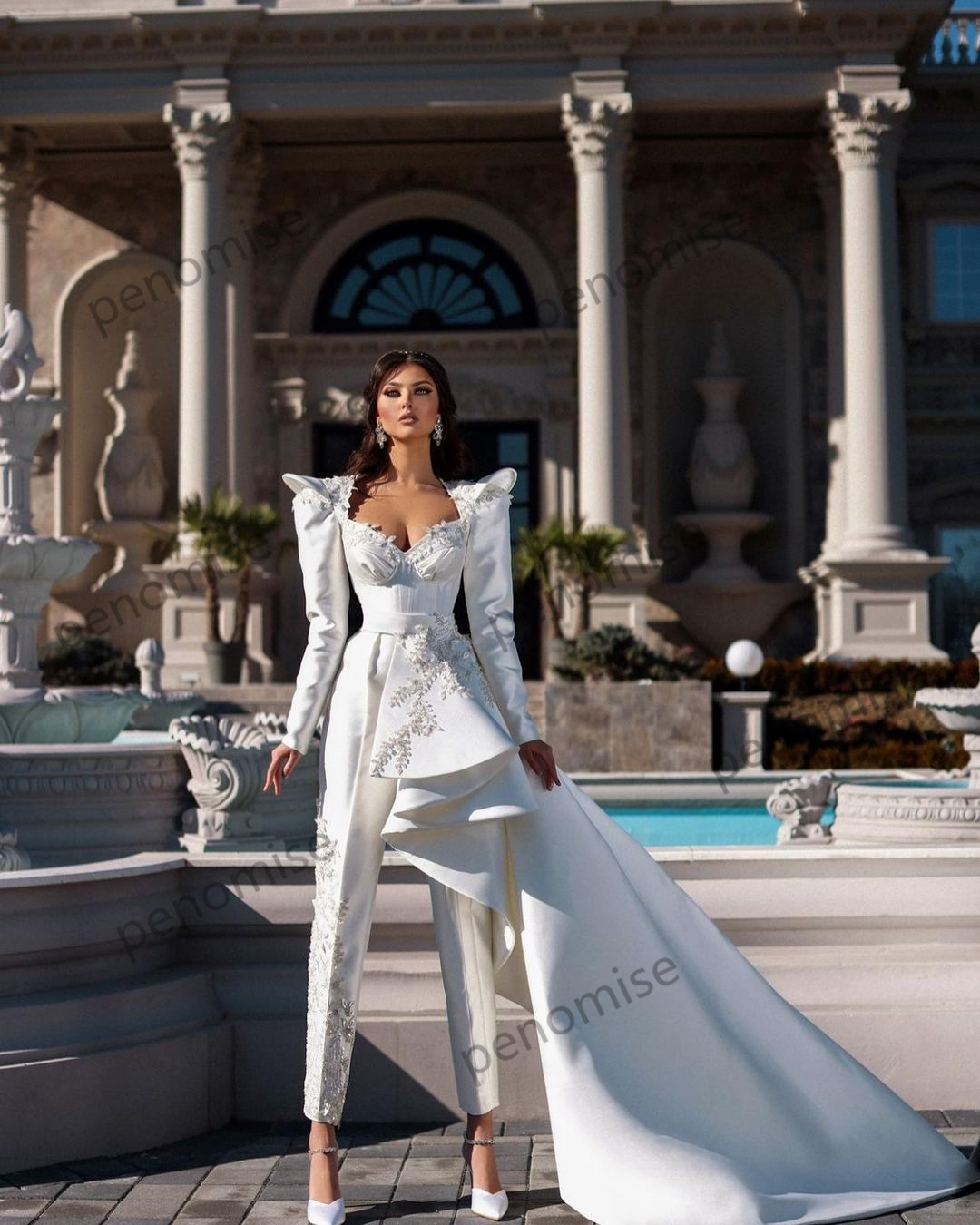 Jumpsuit Chic Wedding Dresses Bridal Gowns with Detachable Train Customise Lace Applique Long Sleeve Vestido De Novia