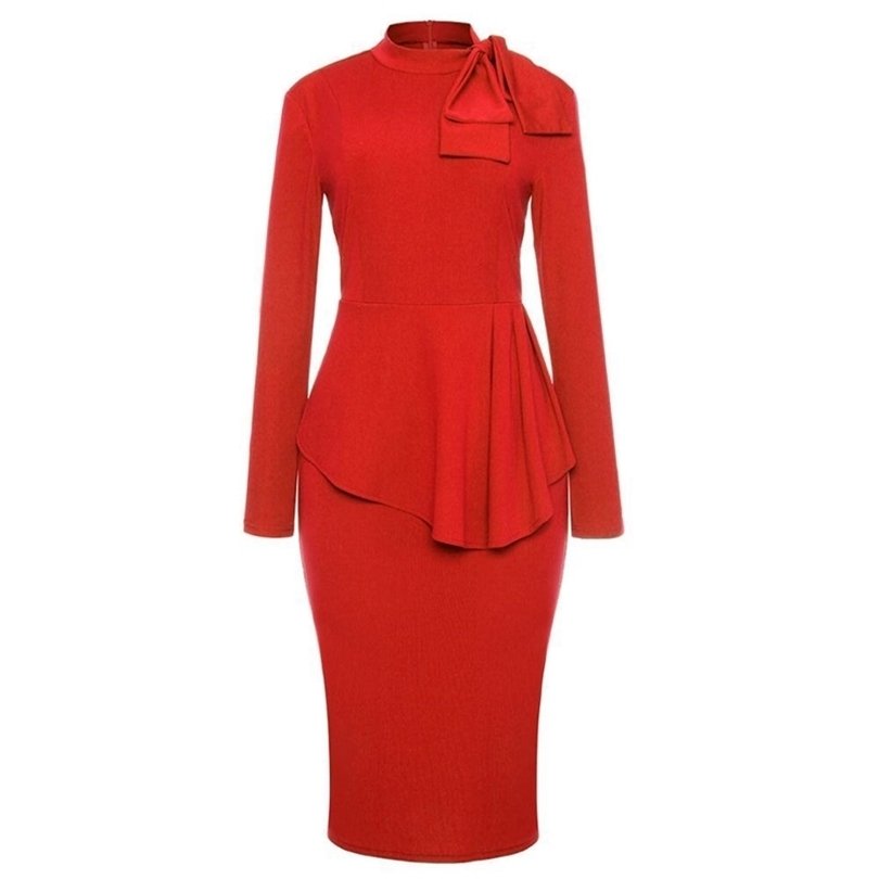 Autumn Fashion Women Office Dresses Peplum Pencil Dress Sleeve Formal Business Attire Wear to Work Dresses Outfits 201008