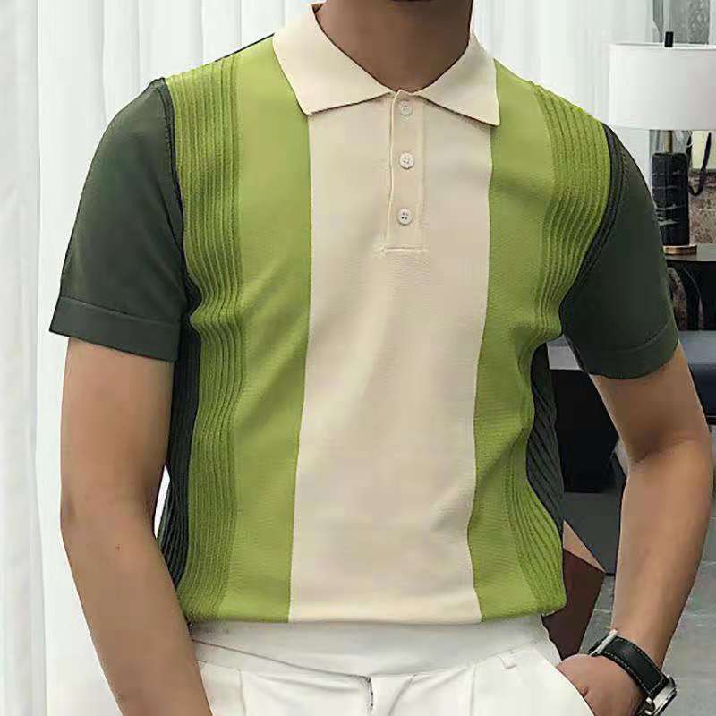 Vintage Polo Shirt Men Stripe Print Patchwork Knitting Casual Lapel Pullover Summer Fashion Men Short Sleeve Slim Polo Shirt 220402