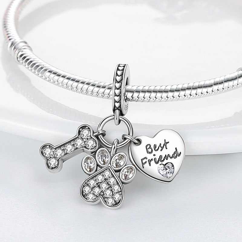 925 Sterling Silver Dangle Charm Dog Paw Charms Best Friend Heart Beads Bead Fit Charms Bracelet DIY Jewelry Accessories