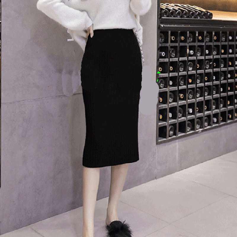 Lucyever Autumn Winter Knitting Pencil Skirts Women High Waist Bodycon Split Woman Office Mid One-step Skirt Ladies 220317