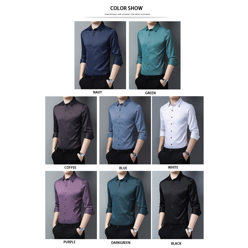 BROWON Autumn Shirts for Men Long Sleeve Solid Color Anti-wrinkle Wedding Turn-down Collar Business 220322