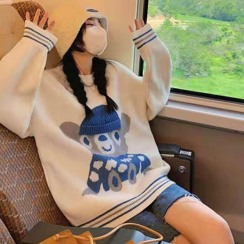 

Women's Sweaters White Ladies Printed Pullover Sweater Women Loose Fashion Casual Round Neck Long Sleeve Knit Top Female Autumn WinterWomen', Black
