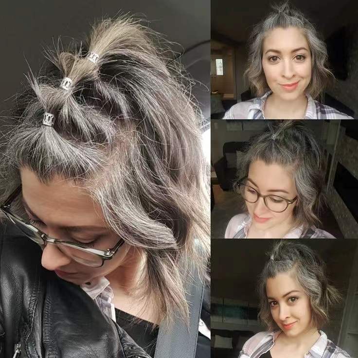 Short gray real hair ponytail hairpiece wraps pony tail silver grey puff bun updo gorgeous for young girl women salt and pepper natural highlights dra