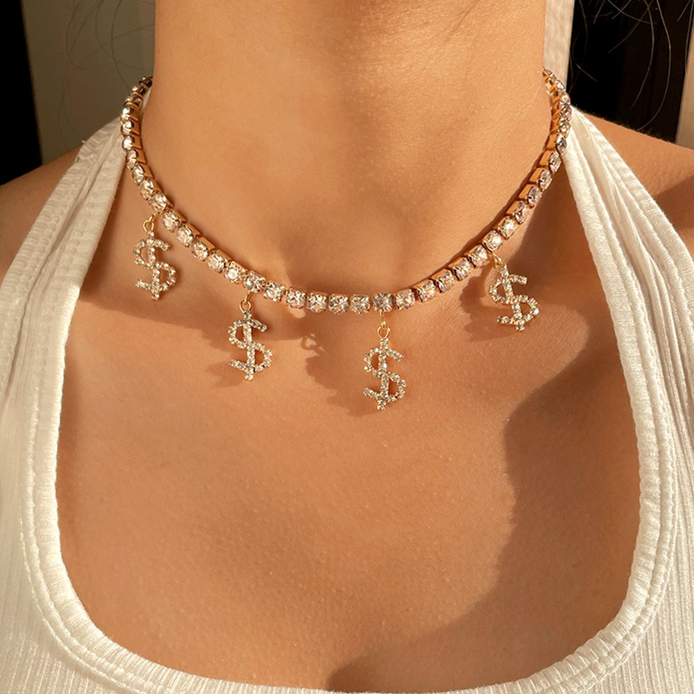 Designer Jewellery High Quality Hip Hop Iced Out Crystal Dollar Sign Pendant Tennis Chain Choker Necklace for Special Occasions Gift Textured Statemen