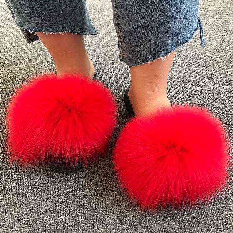 Real Raccoon Fur Slippers Women 2021 Sliders Casual Fox Hair Flat Fluffy Fashion Home Summer Big Size 45 Furry Flip Flops Shoes