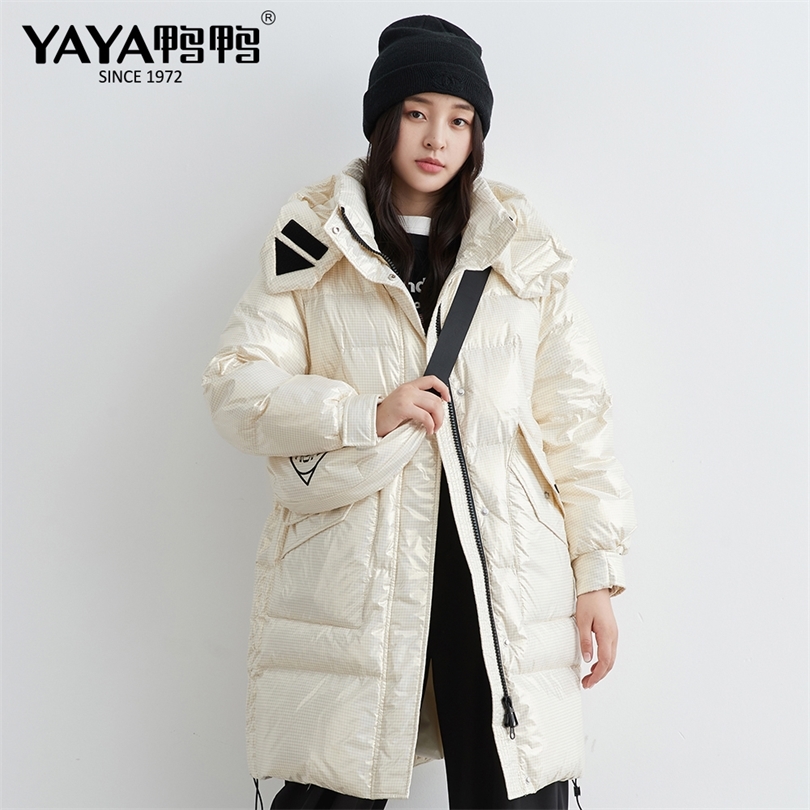 YAYA Winter Down Jacket Women Long Slim Hooded Warm Coat Female Overcoat 201019