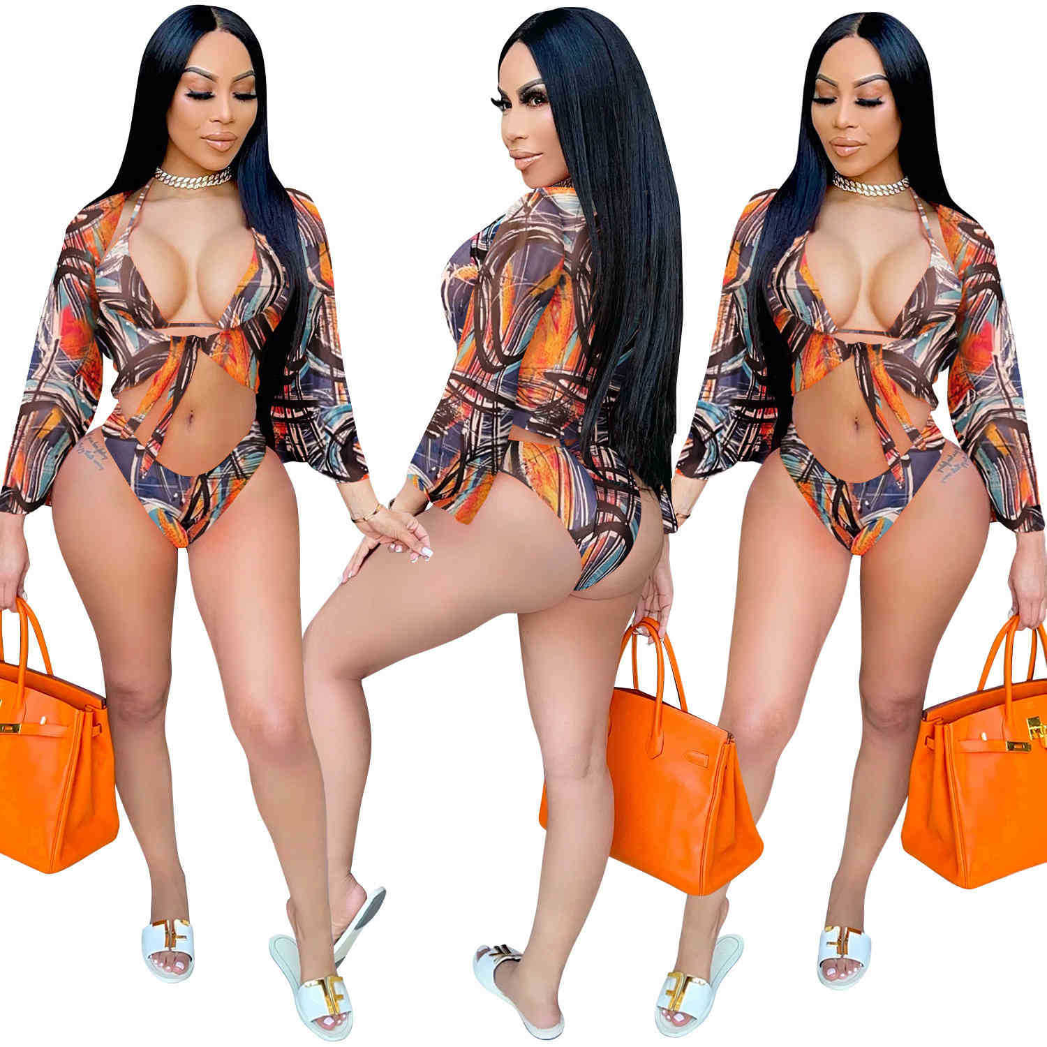 Women Tracksuits 2023 Women Swimsuit V-neck Sexy Bikini Mesh Leopard Point Sling Three Piece Set Fashion Long Sleeve Shawl Bra Beach Suit