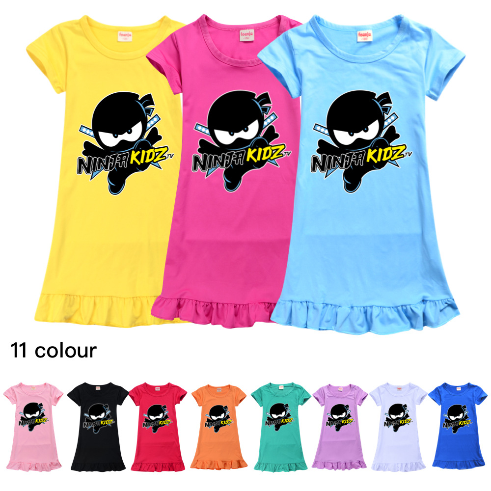 Girls Pyjamas Dresses Kids Clothes Knee-Length Teenagers Cartoon Pajamas Dress Rayon Short Sleeved Leisure Nightgown Princess Skirt