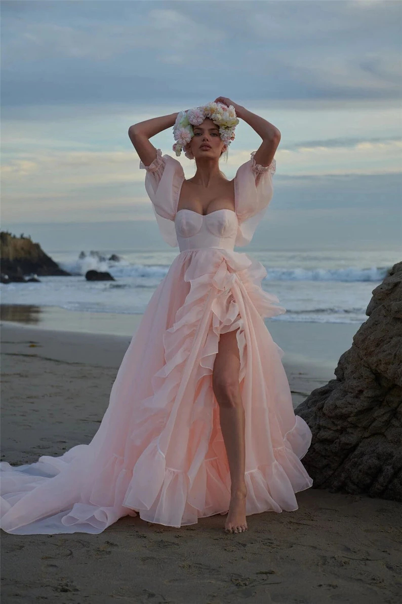 2022 Sexy Slit Blush Pink Prom Dresses For Women Sweetheart Short Sleeve Long Beach Formal Party Gowns A Line Ruffles Engagement Evening Dress