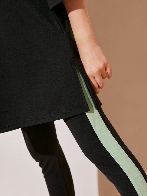 Girls Colorblock Top & Contrast Side Seam Leggings Set SHE