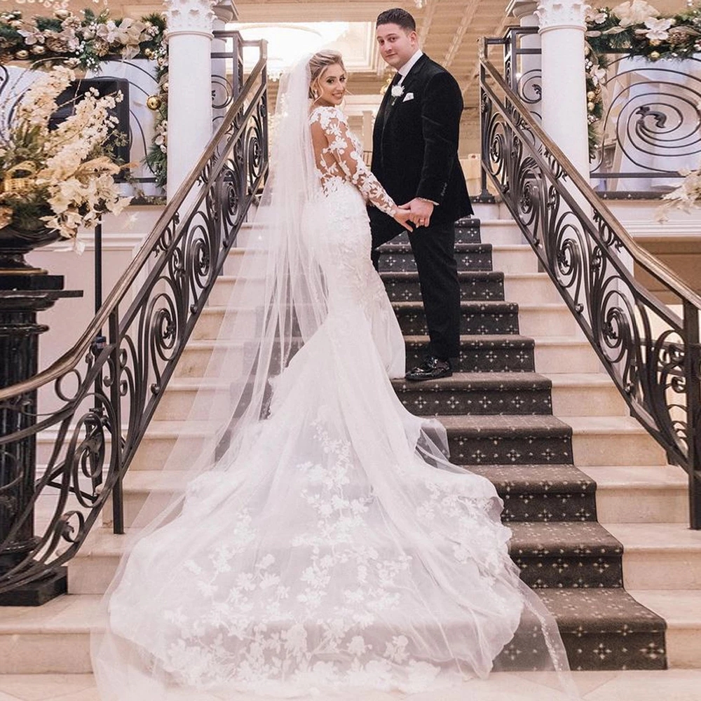 Vintage Illusion Top Mermaid Wedding Dresses Lace Appliques Long Sleeve Sweep Train Bridal Gown Country Robe De Mariee