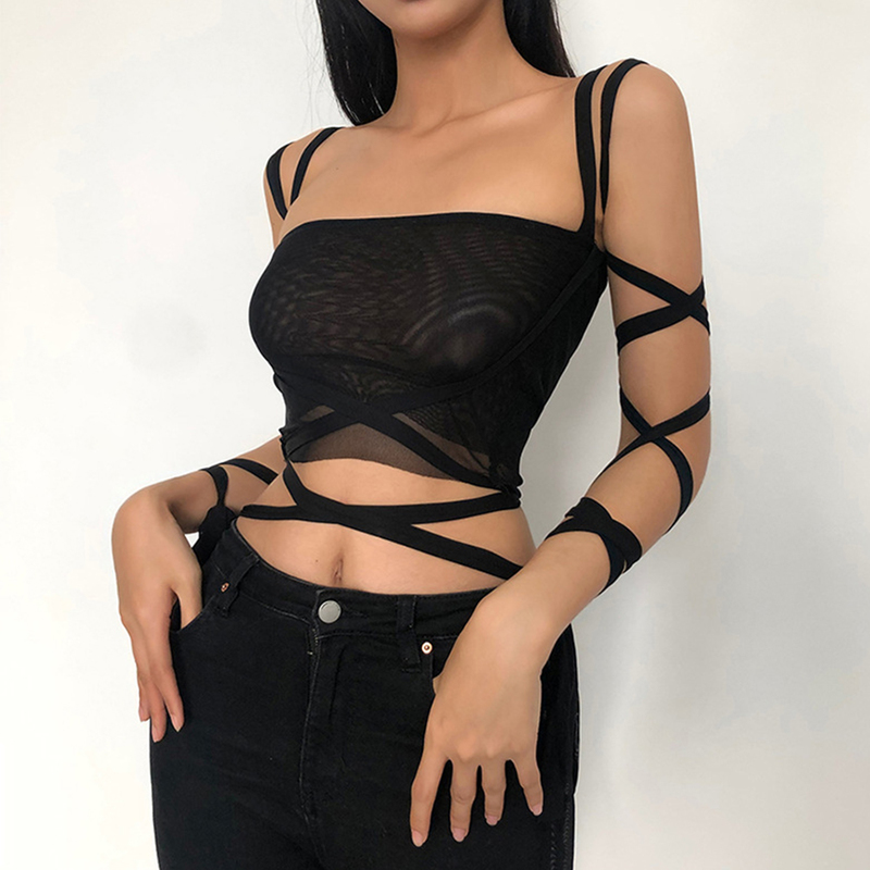Fashion Gothic Women Black Mesh Lace Up Bandage Crop Top Y2K Sexy Clothing Fairy Grunge Aesthetic High Street Party Club Outwear 220316