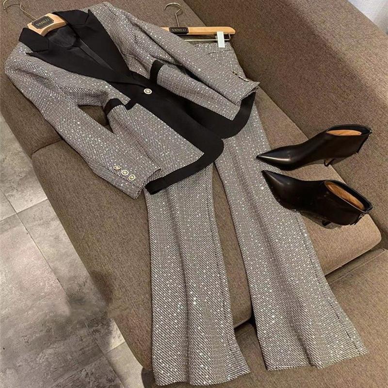 Women's Two Piece Pants 2pcs V-Neck Bling Sequins Matching Outfits Women Lady Office Business Uniform Blazer Flared Suit Set Work Wear
Women's Two Piece Pants 2pcs V-Neck Bling Sequins Matching Outfits Women Lady Office Business Uniform Blazer Flared Suit Set Work Wear