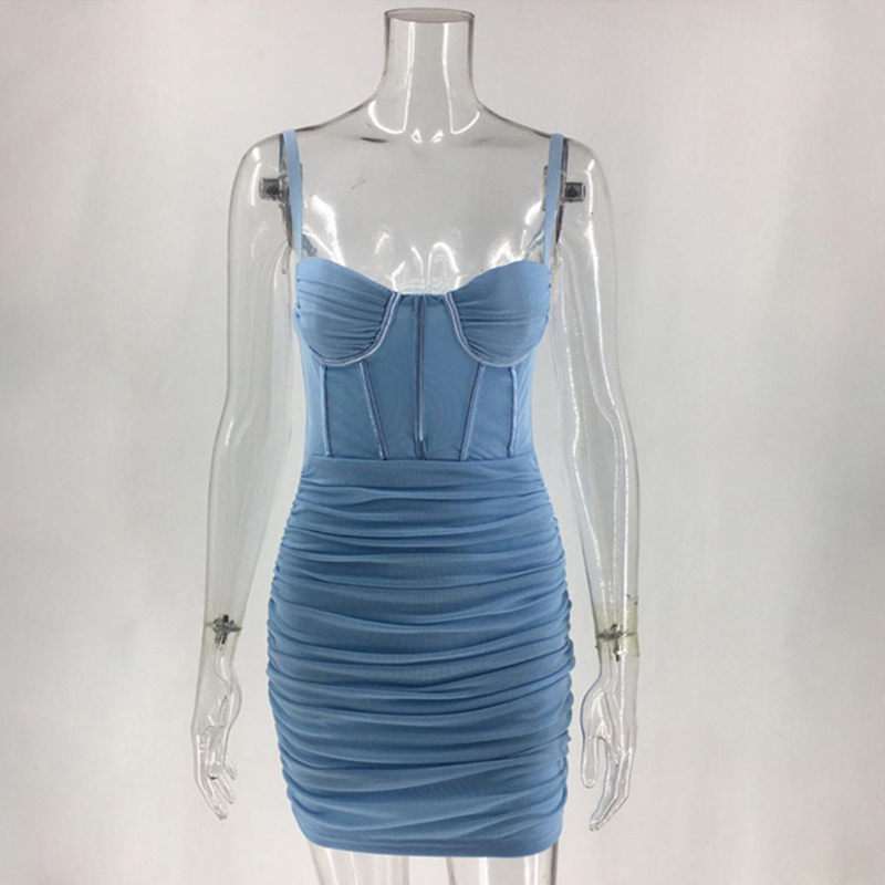 Asia Mesh Summer Dress Ruched Spaghetti Strap Party Dress Women Backless Strapless Sexy Mini Dresses Pleated Clothes Vestidos 220511