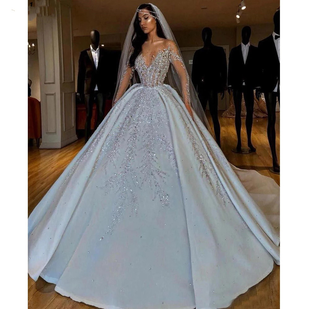 Princess Ball Wedding Dresses Long Sleeve Sexy V Neck Sequis Beaded Appliqued Embroidery or Length Bridal Gown Vintage Plus Size robes de soiree