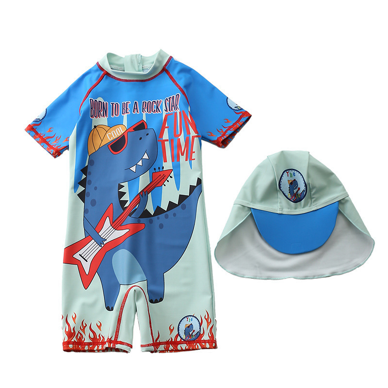Swimsuit Kids SPF50+ Bathing Suit for Children Boys Dinosaur Print Baby Boy Swimwear with Hat Pool Surf Beach Wear 220426