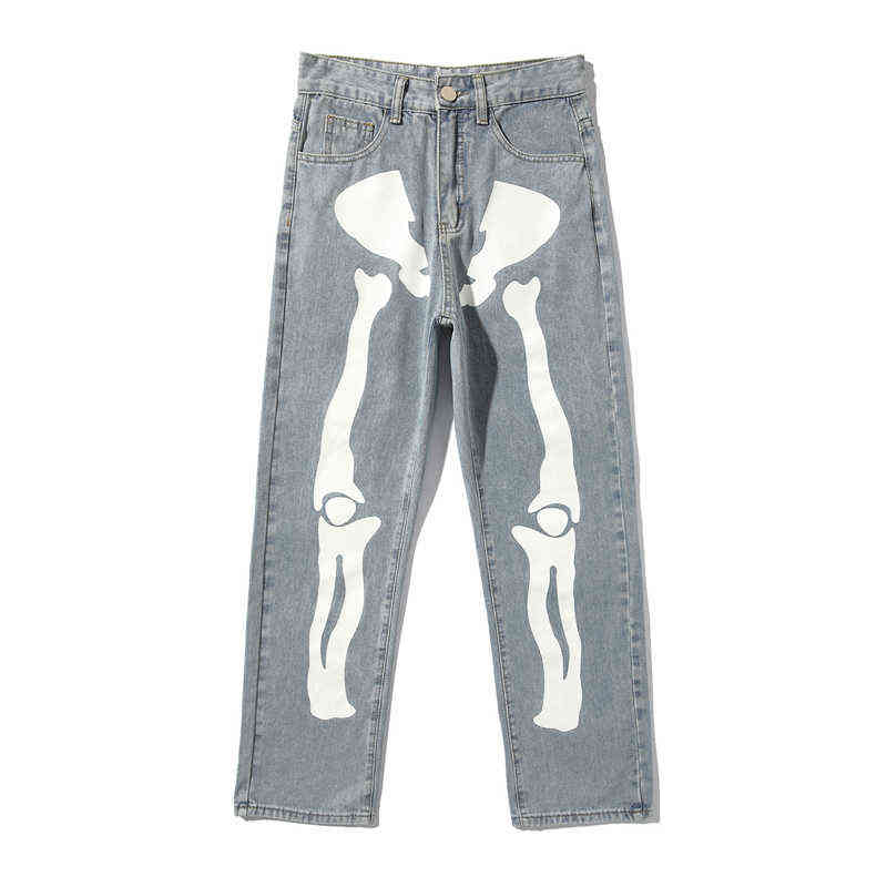 Men Skeleton Printed Jeans Pants Mens High Street Wide Legs Straight Loose Hip Hop Harem Jeans Young Casual Denim Pants Overalls G220415