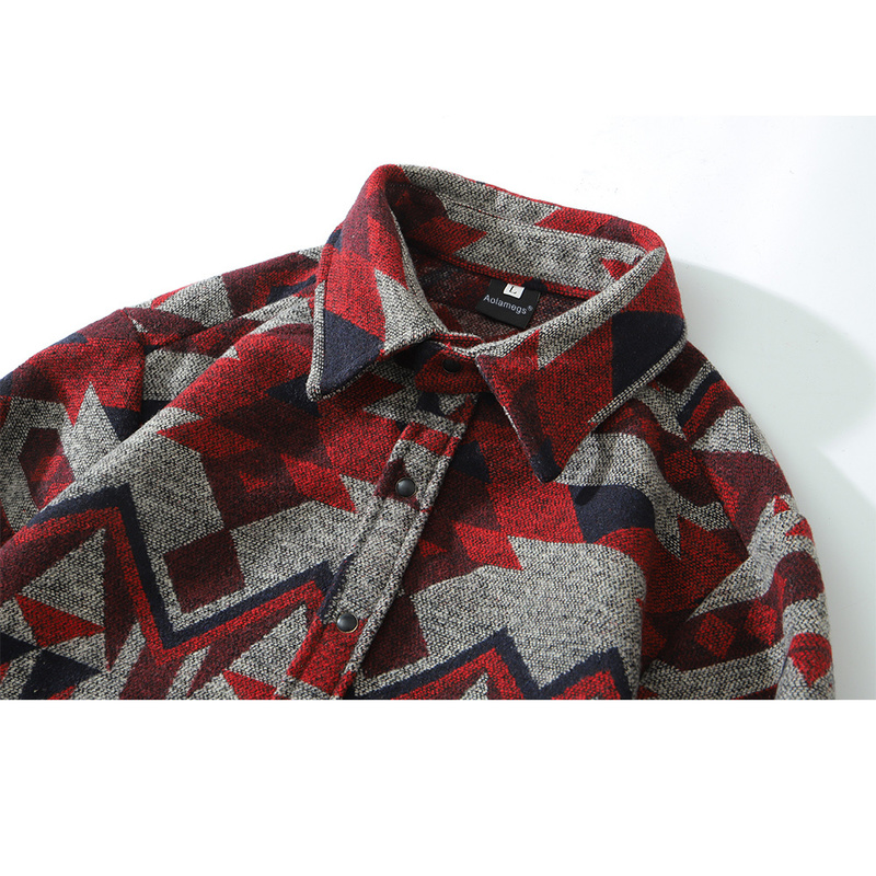 Aolamegs Patchwork Color Retro Geometric Pattern Men Shirt Thick Casual Baggy Big Pockets Harajuku High Street Autumn Streetwear 220322