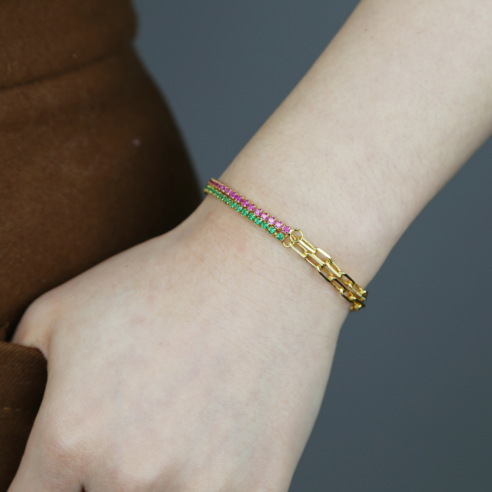 Rainbow CZ Tennis Bracelet for Women - Gold Paper Clip k Chain, Round Bezel Crystal Colorful Bracelets Jewelry
