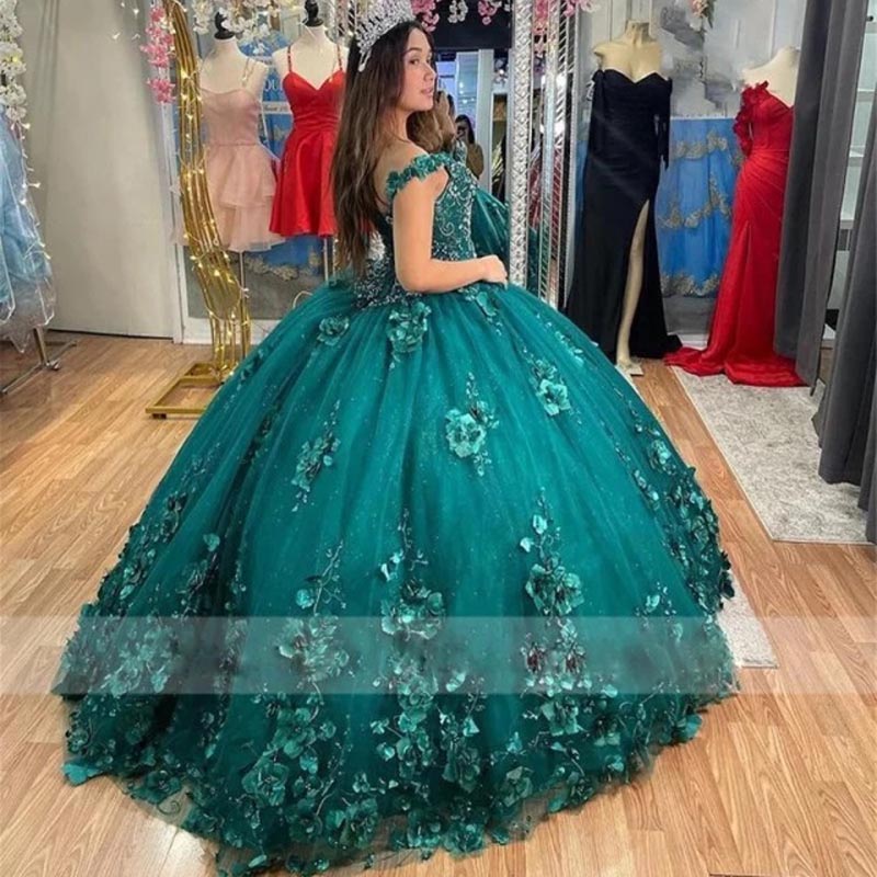 Hunter Green Quinceanera Dresses with cape Off Shoulder Mexican 3D Floral Sweet 15 Gowns Lace-up Puffy Skirt Vestidos 16 Anos