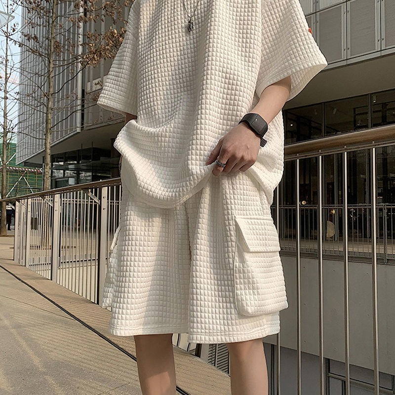 Men Summer Cargo Shorts Set Two Piece Loose Tracksuit Short Sleeve Tee Oversized Tshirts Mens Sets Male Chic Casual Clothing 220704