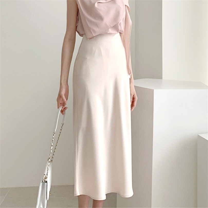 Summer Spring Women Elegant High Waist Satin Skirt Female Casual A-Line Midi Silk Fashion 220317