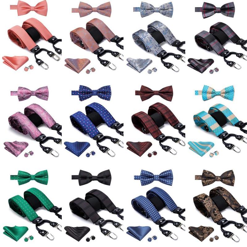 HiTie Vintage Silk Mens Suspender Set Fashion Gold Floral and Bow Tie Leather Metal 6 Clips Braces 220812