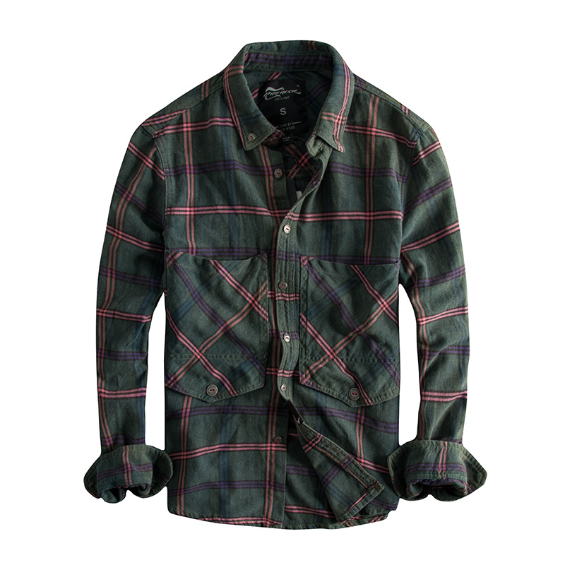 Autumn Winter Europe America Simple Fashion Plaid Youth Long-Sleeve Blouse Washed Oxford Cloth Business Men's Shirt 220322