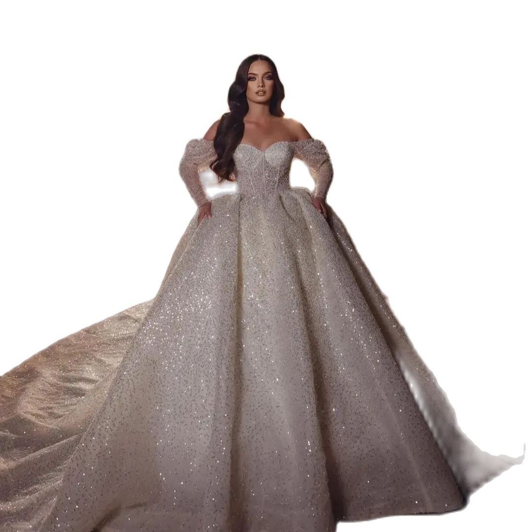 Modern Princess Ball Gown Wedding Dress Full Sequins Off Shoulder Long Sleeve Bridal Gowns Custom Beads Puffy Bride Dresses