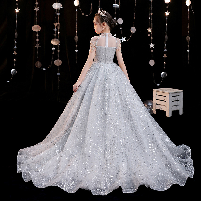 Princess Sliver Flower Dresses Lace 3D Floral Appliques Sequined Ball Gown Little Girl Birthday Party Gowns Sweep Train Kids Formal Wear 403