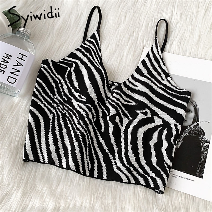 Syiwidii Zebra Pattern Crop Top for Women Knitted Striped Short Tank s Cute Girls Summer Korean Black Clothing 220316