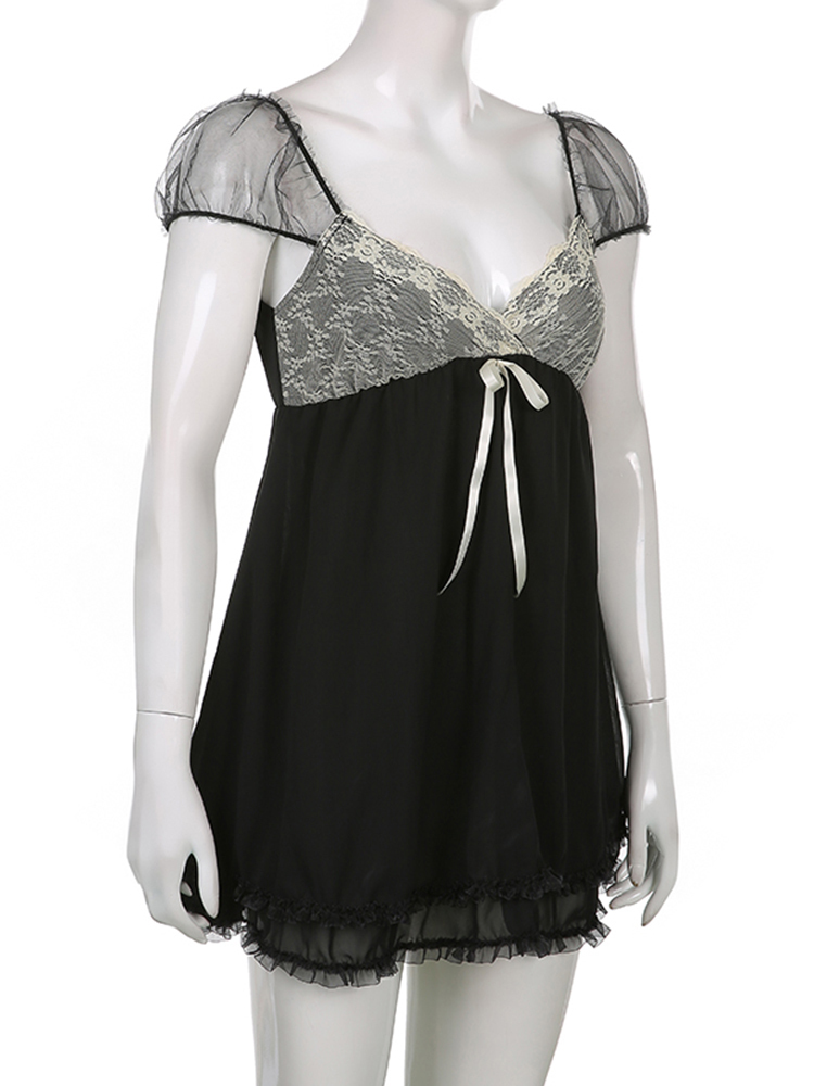 Sweetown Patchwork Lace Cute Y2K Chiffon Dresse Square Collar Elegant Grunge Fairycore Clothes Ruffles Short A Line Dress D220611