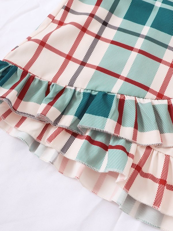 Toddler Girls Puff Sleeve Frilled Neck Tee & Plaid Ruffle Trim Skirt & Hat SHE