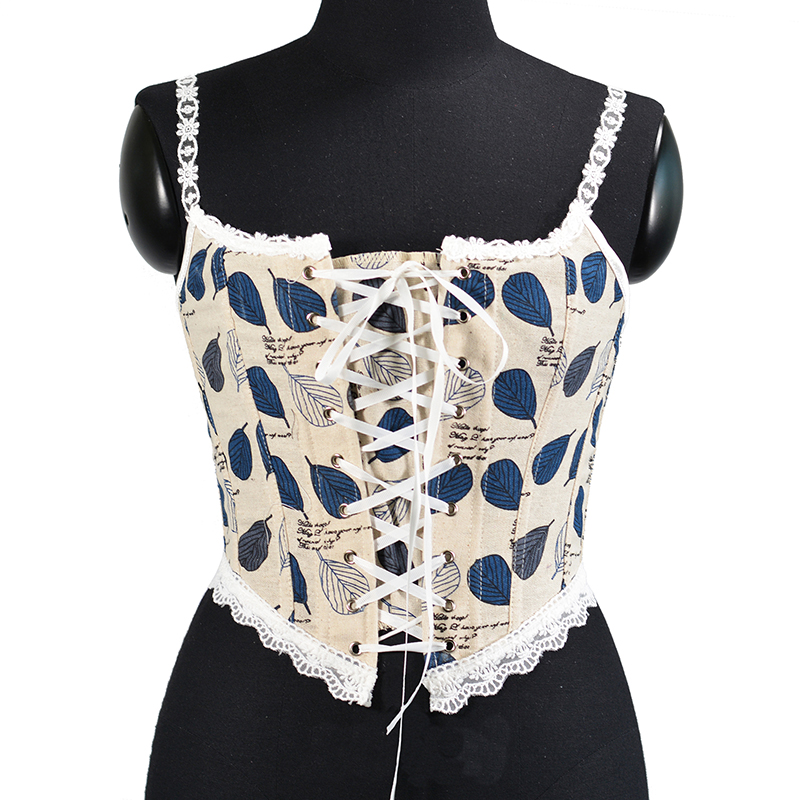 Women Blue Leaves Printed Lace Camis Cropped Corset Fashion Linen Tanks Vintage Plastic Boned Overbust Bustier Tupe Tops Cyber Baby Tee Ropa Fairycore
