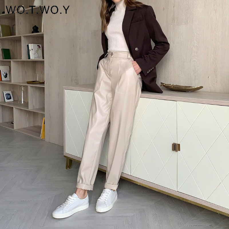 WOTWOY High Waisted Straight Leather Trouser Zipper-Up Casual Fleece PU Pants Female Black White Autumn 220325