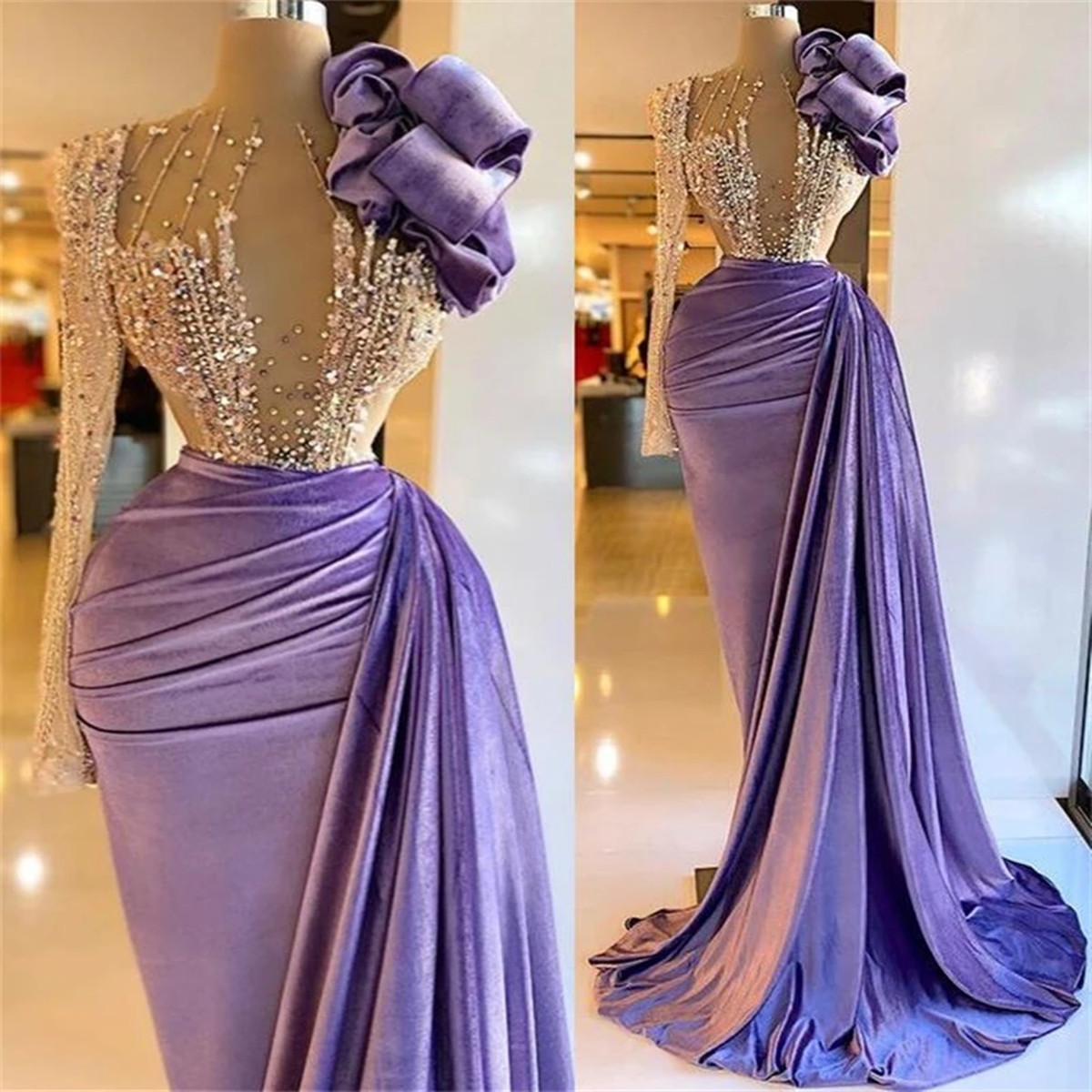 Sparkly Sexy Mermaid Prom Dresses Luxurious Velvet Crystal Beaded Sheer Neck Evening Formal Party Gown Custom Made Photoshoot Dress
