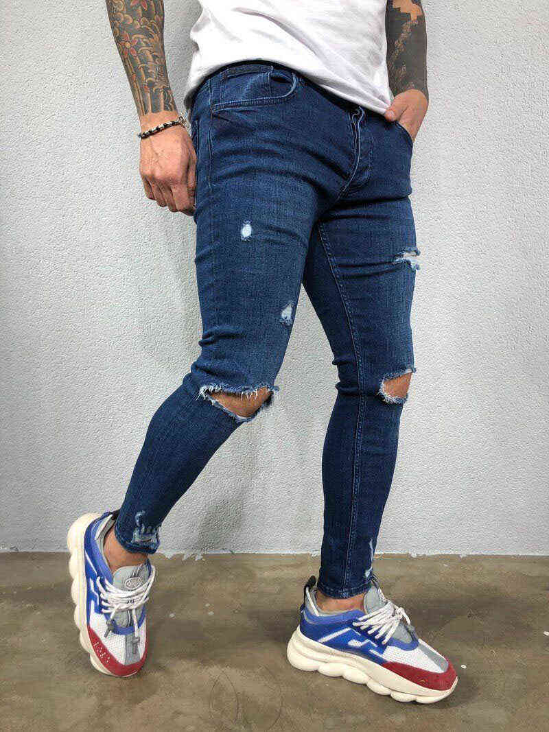 Men Jeans Skinny Ripped Stretch Slim Elastic Denim Pants Black Blue Male Spring Summer Autumn Hip Hop Zipper Jeans G0104
