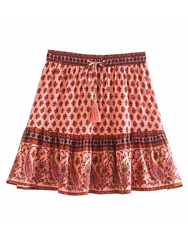Chic Hippie Floral Printed Mini Skirts Vintage Elastic Tassel Faldas Summer Beach Boho Casual Clothes Short Women Skirts 220611