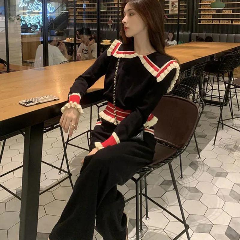 Women's Two Piece Pants Spring 2022 Gentle Wind Suit Female Doll Collar Sweet Knitted Short Top Solid Trousers Autumn Fashion Womens 2-piece, Black set 
Women's Two Piece Pants Spring 2022 Gentle Wind Suit Female Doll Collar Sweet Knitted Short Top Solid Trousers Autumn Fashion Womens 2-piece, Black set