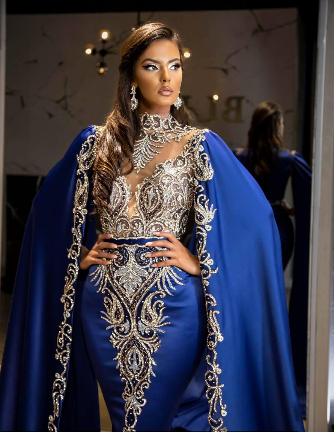 Exquisite Mermaid Prom Dresses Royal Blue Crystals Beading High Neck Evening Dress Custom Made With Wrap Long Train Party Gown For Arabic Women 0431