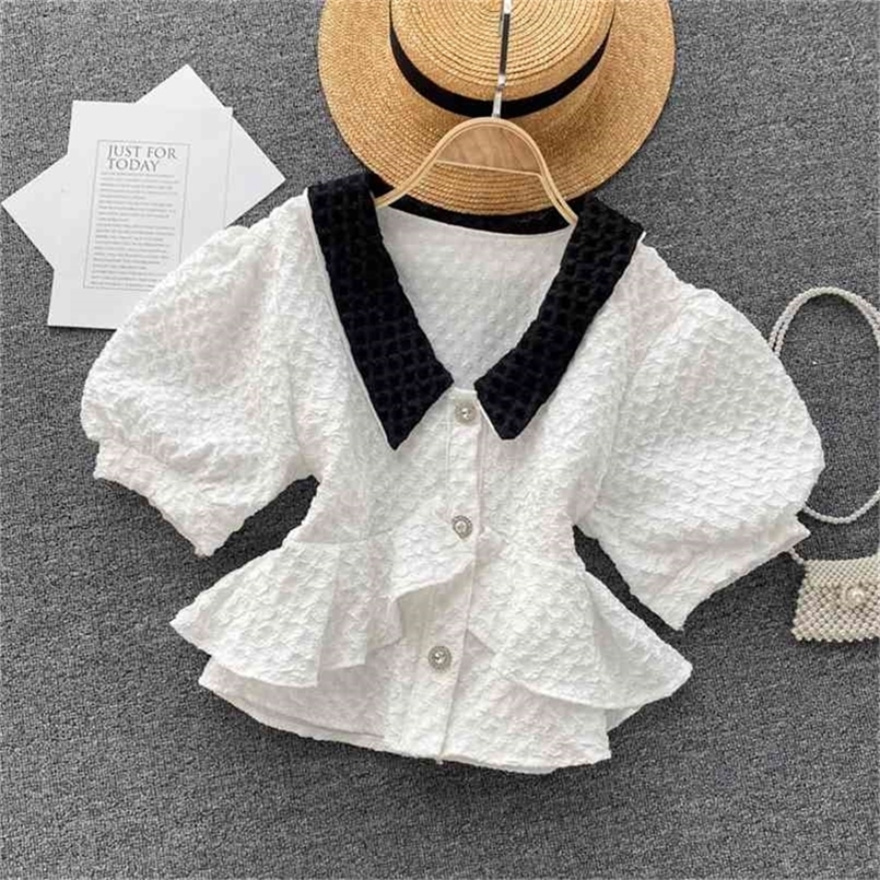 Vintage Blouse Sweet Puff sleeve Lapel Color macthing Shirt Ruffles Pearl button Slim Women's Tops 210602, White
Vintage Blouse Sweet Puff sleeve Lapel Color macthing Shirt Ruffles Pearl button Slim Women's Tops 210602, White