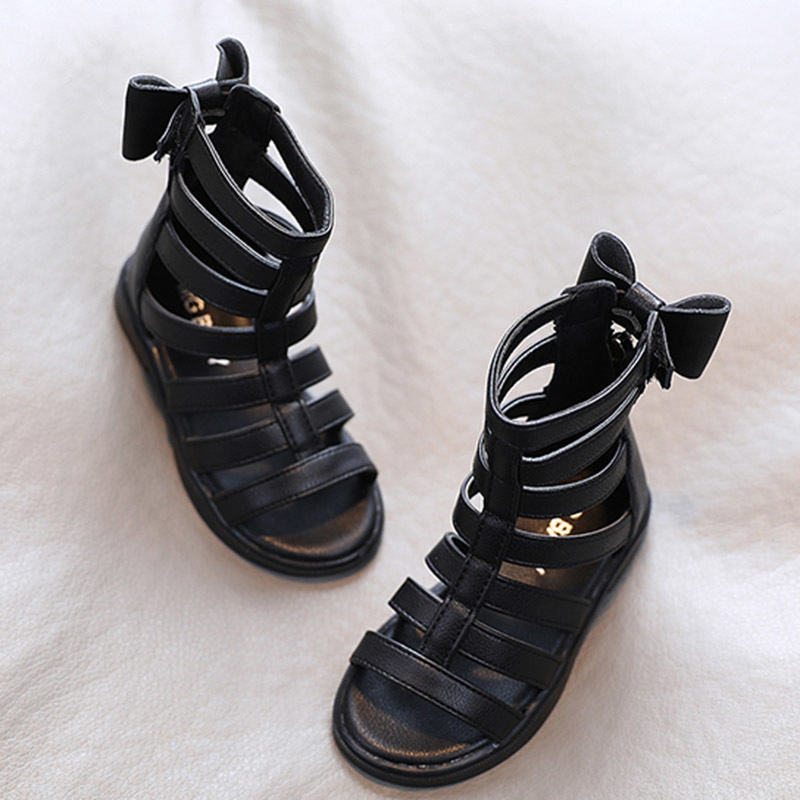 Girls Sandals Summer Kids Gladiator Sandals Boots Back Bow Roma Shoes Narrow Band Princess Shoes For Child Baby Black Begie 220621