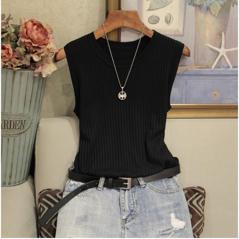 Knitted Vests Women Top O-neck Solid Tank Fashion Female Sleeveless Casual Thin Tops Summer Knit Woman Shirt Gilet Femme 220325